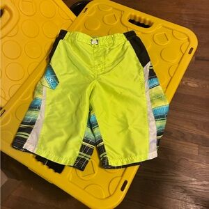 OP Neon Yellow Green Boys Swim/Board Shorts with Blue Stripes